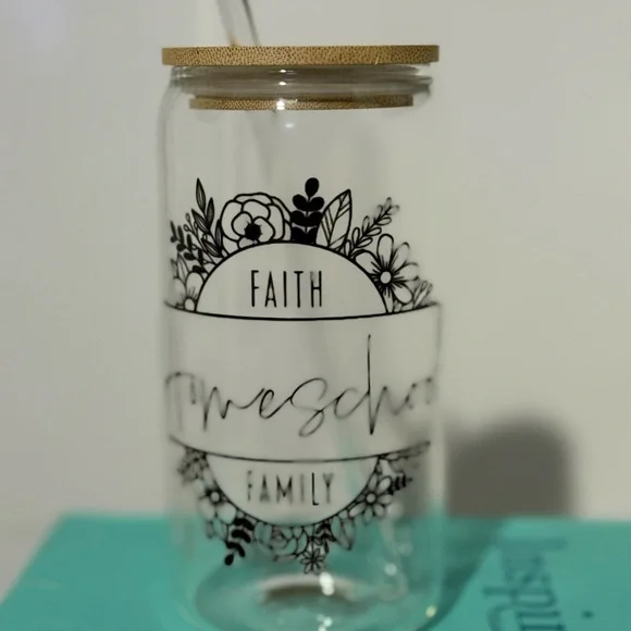 Floral‎ Glass Tumbler with glass Straw bamboo lid - Picture 4 of 4